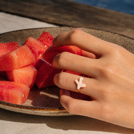 El Yapımı Seramik Leaf Pembe Yüzük